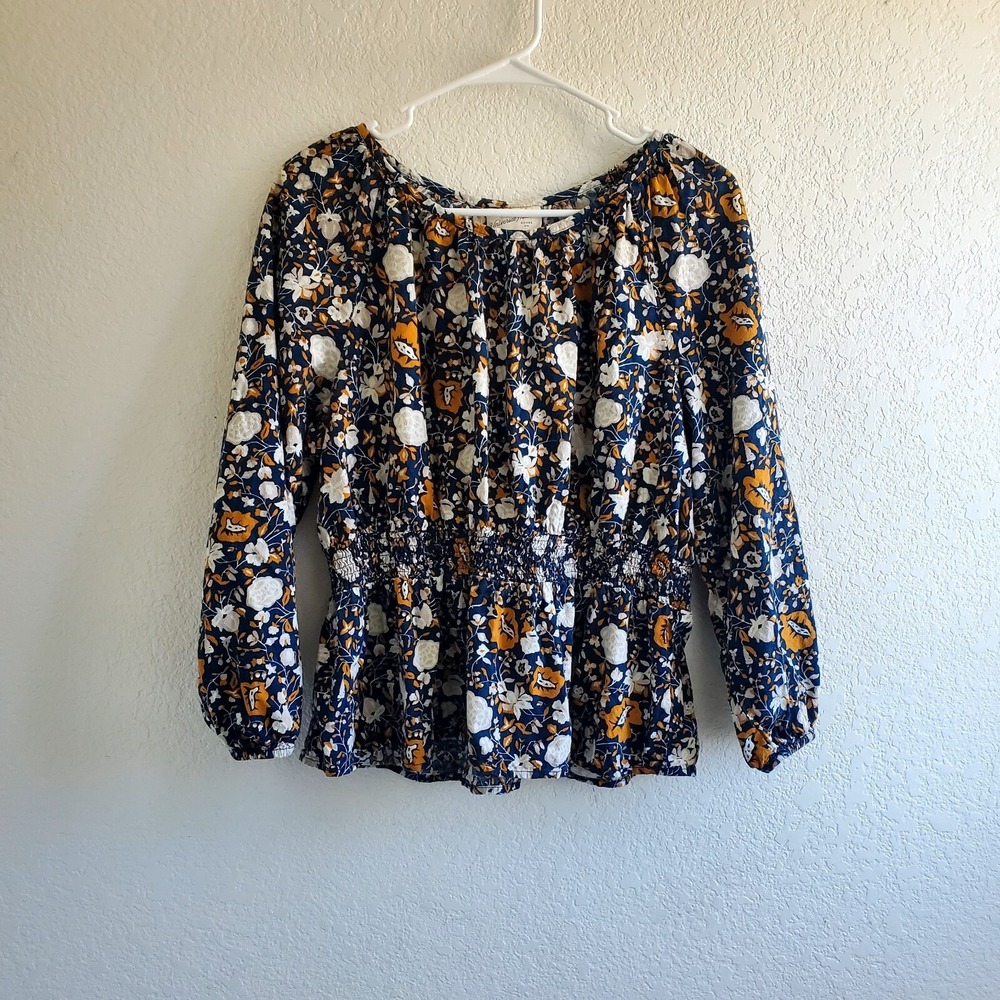 Universal Thread Blouse Top Women L Blue Gold Floral Peplum Preppy Peasant